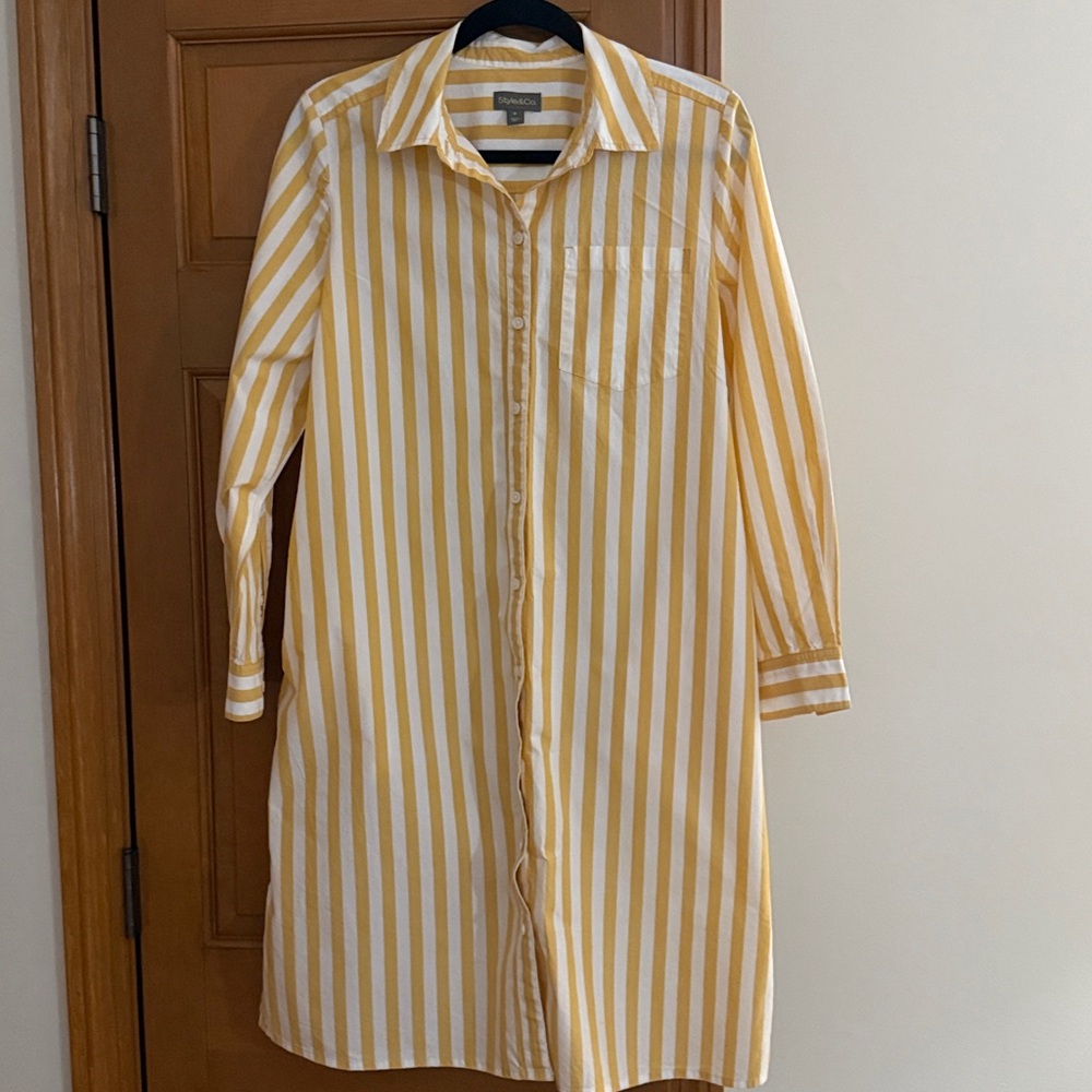 Mustard and White Striped Long Shirt Dress